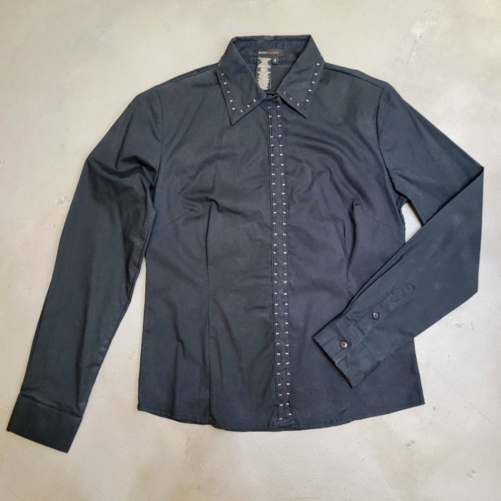 [NWOT] Black Bead/Sequin Elaborate Shirt/Blouse Snap Button Size 4 BCBG MAXAZRIA